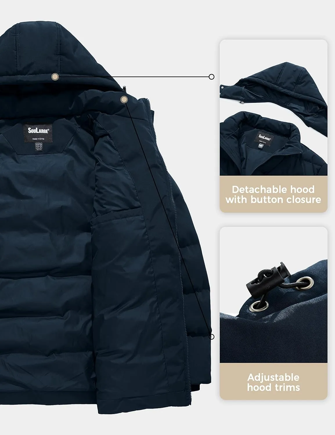 Soularge Men's Big and Tall Winter Puffer Jacket Warm Thicken Coat with Hood