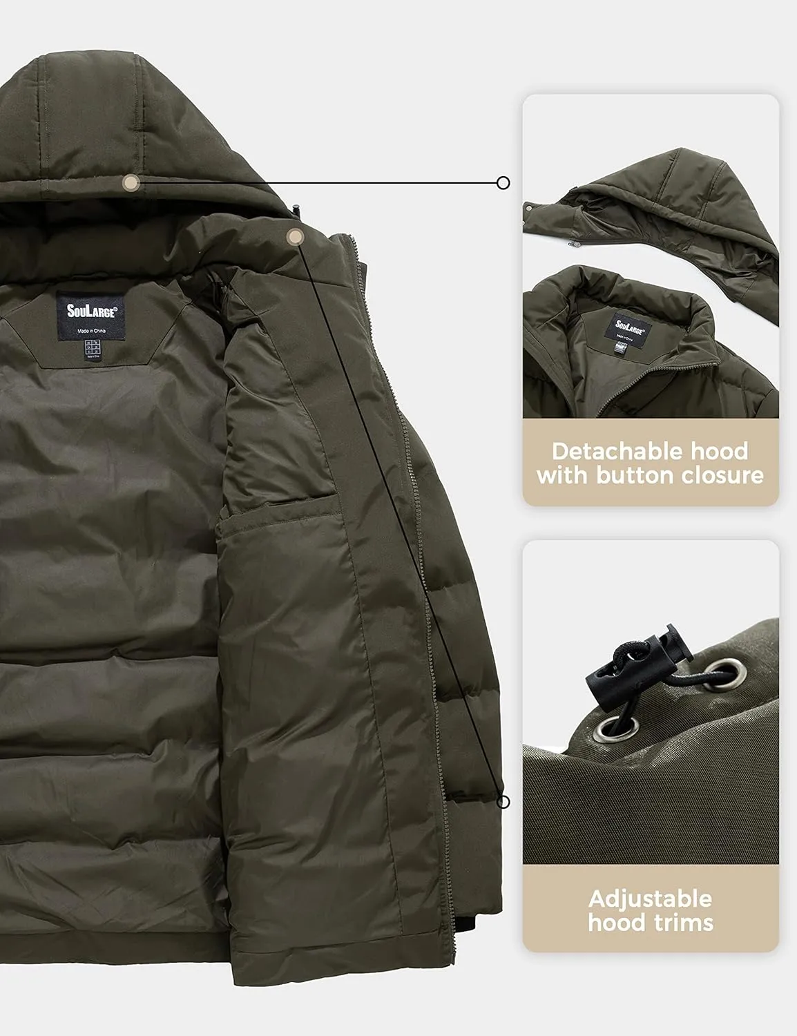 Soularge Men's Big and Tall Winter Puffer Jacket Warm Thicken Coat with Hood