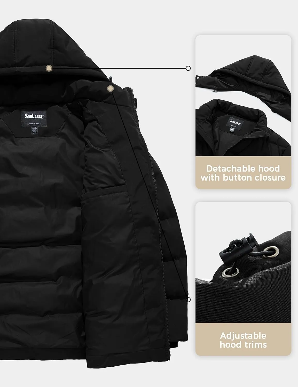 Soularge Men's Big and Tall Winter Puffer Jacket Warm Thicken Coat with Hood