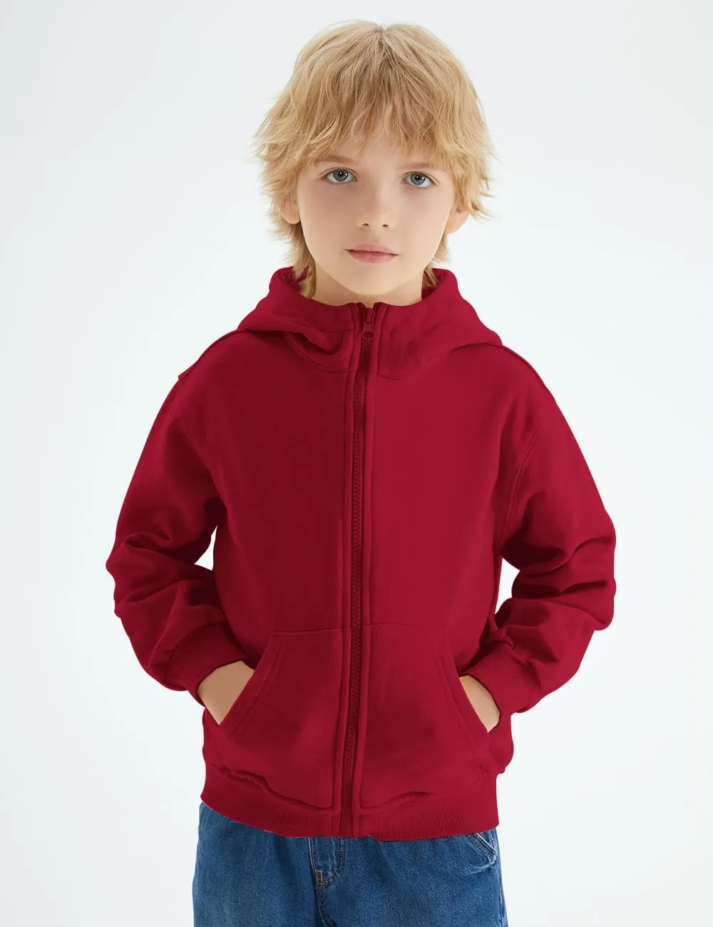 Spring&Gege Boys Full Zip Hoodies High Neck Mid-weight Fleece Hooded Sweatshirts for Children