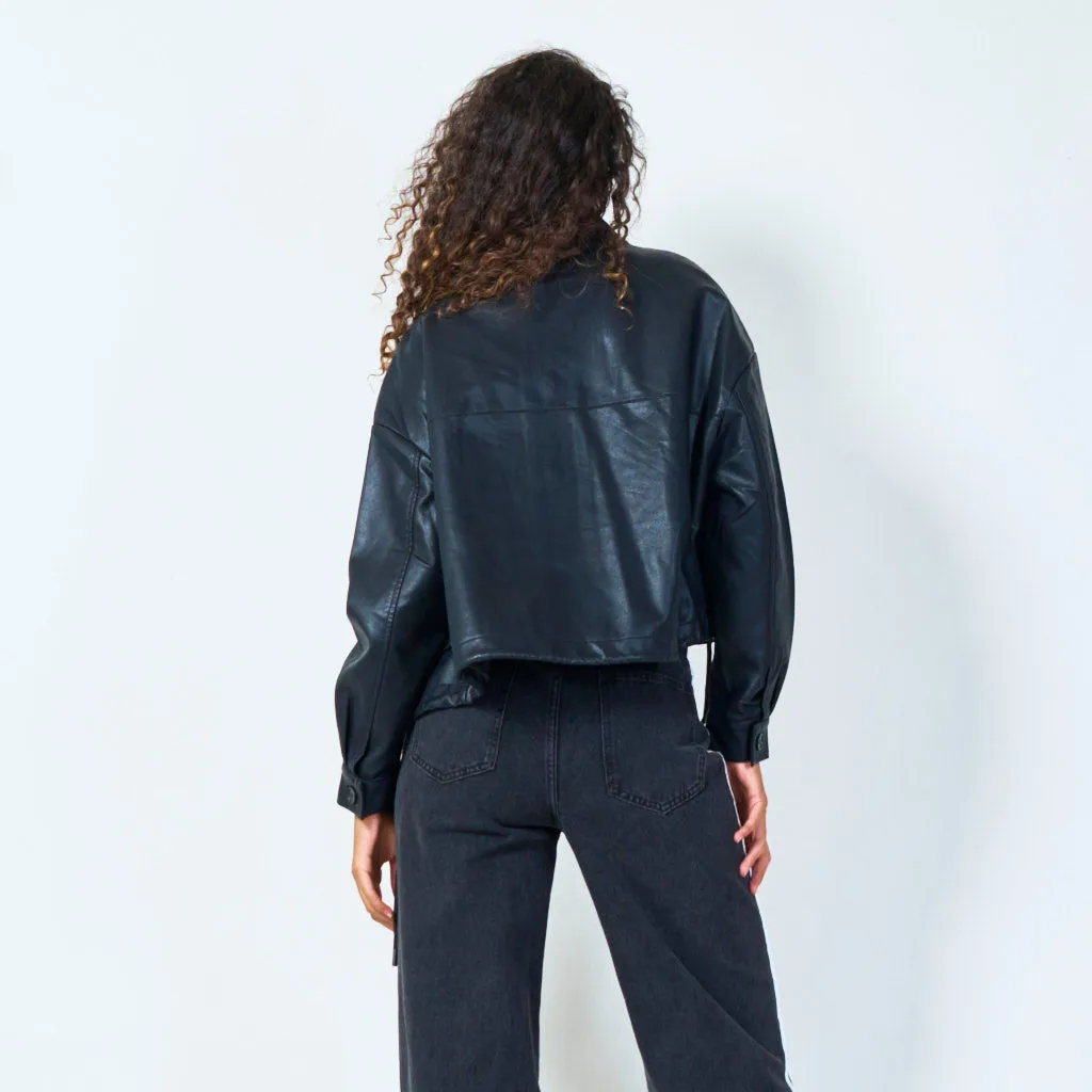 Stand collar leather jacket with drawstring hem wholesale