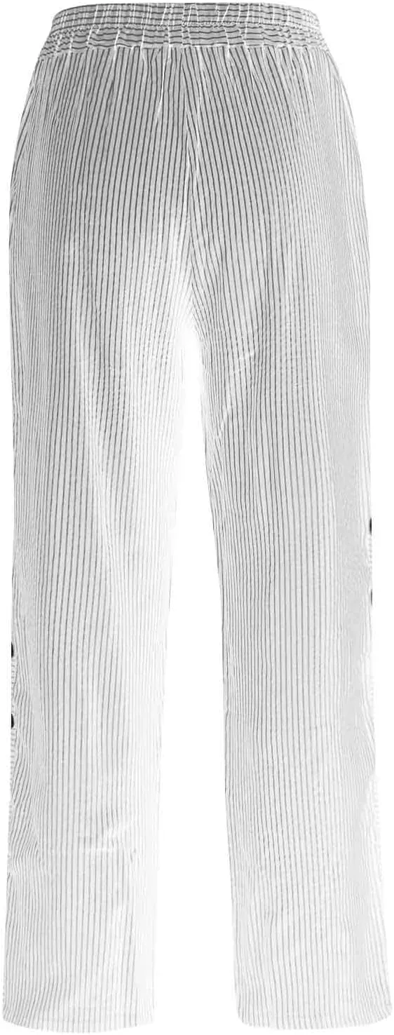 Stiped Linen Pants Women Side Button Elastic Waist Summer Beach Pants Lightweight Wide Leg Casual Pants with Pockets