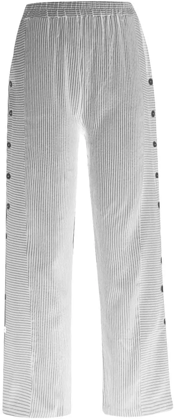 Stiped Linen Pants Women Side Button Elastic Waist Summer Beach Pants Lightweight Wide Leg Casual Pants with Pockets