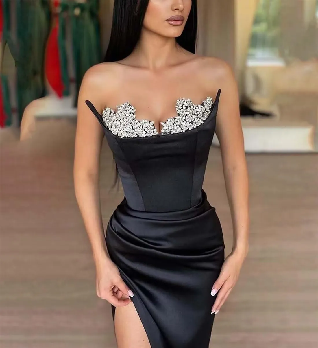 Strapless Mermaid Prom Dresses Long Chiffon Cape Sparkly Beaded Party Dress High Slit Sweetheart Evening Formal Gown DR0418