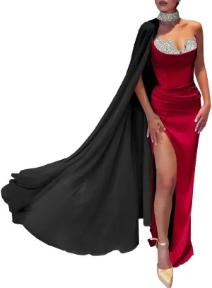 Strapless Mermaid Prom Dresses Long Chiffon Cape Sparkly Beaded Party Dress High Slit Sweetheart Evening Formal Gown DR0418