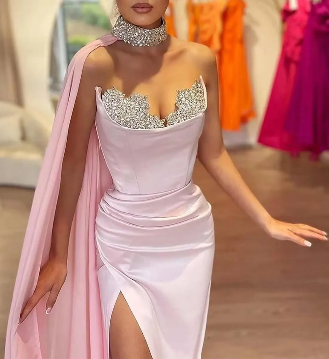 Strapless Mermaid Prom Dresses Long Chiffon Cape Sparkly Beaded Party Dress High Slit Sweetheart Evening Formal Gown DR0418