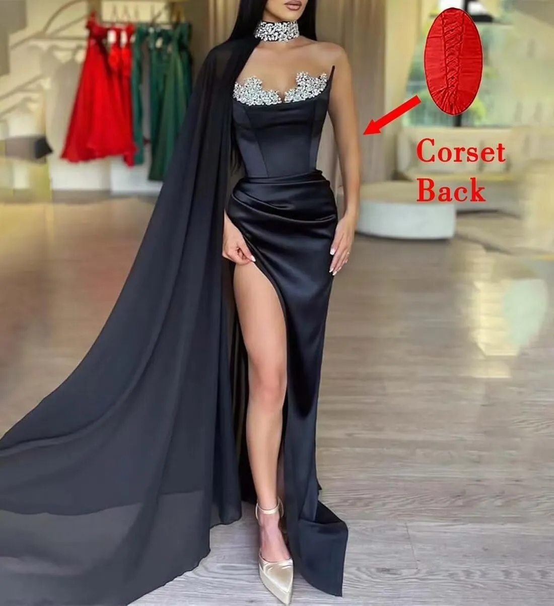 Strapless Mermaid Prom Dresses Long Chiffon Cape Sparkly Beaded Party Dress High Slit Sweetheart Evening Formal Gown DR0418