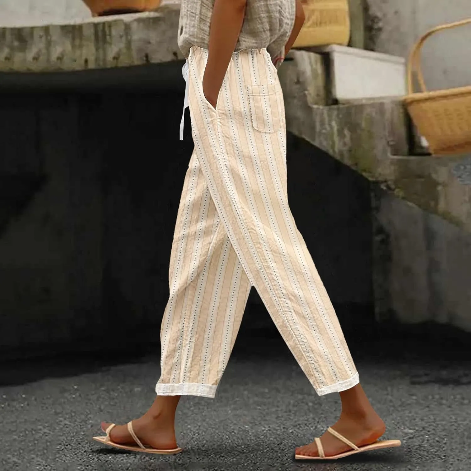 Striped Linen Pants for Women 2025 Summer Straight Leg Cropped Lounge Pant Lightweight Beach Trousers with Pockets
