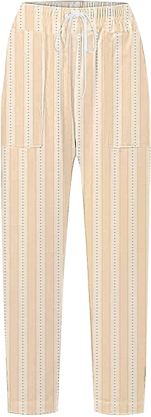 Striped Linen Pants for Women 2025 Summer Straight Leg Cropped Lounge Pant Lightweight Beach Trousers with Pockets