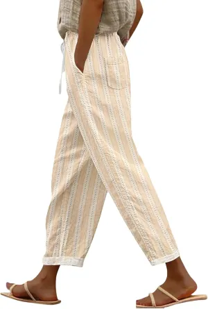 Striped Linen Pants for Women 2025 Summer Straight Leg Cropped Lounge Pant Lightweight Beach Trousers with Pockets