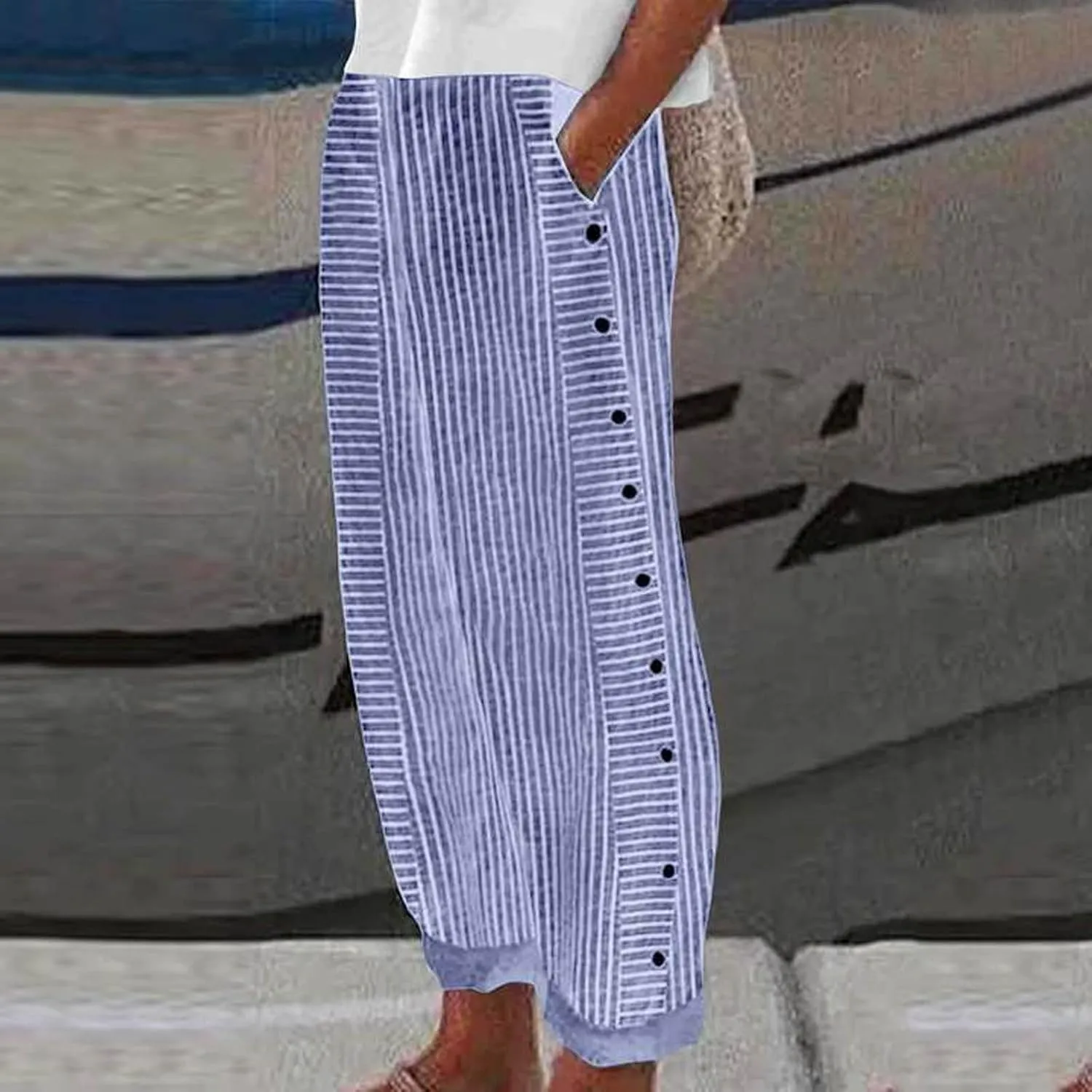 Striped Pants Women Summer Trendy Side Button Lightweight Elastic Waist Straight Leg Casual Trousers with Pockets