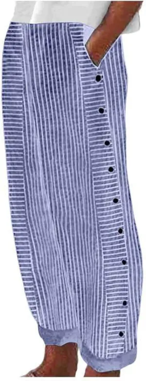 Striped Pants Women Summer Trendy Side Button Lightweight Elastic Waist Straight Leg Casual Trousers with Pockets