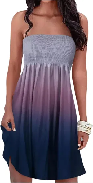 Summer Dress for Women Beach Floral Cover Ups Spaghetti Strap Sundress Smocked Strapless A-Line Mini Dresses