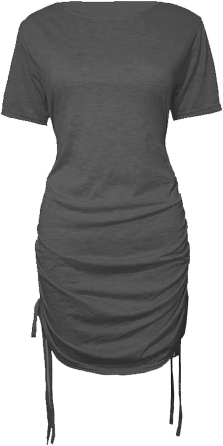 Summer Dresses for Women 2024 Side Drawstring Ruched Bodycon Mini Dress Short Sleeve Knit Crewneck Beach Sundress
