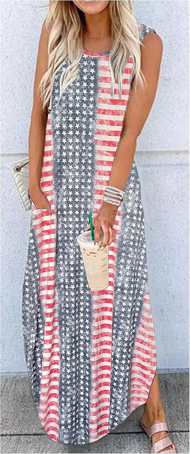 Summer Dresses for Women 2025 Beach Vacation Dress Boho Floral Sundresses Ladies Tropical Pockets Maxi Dress
