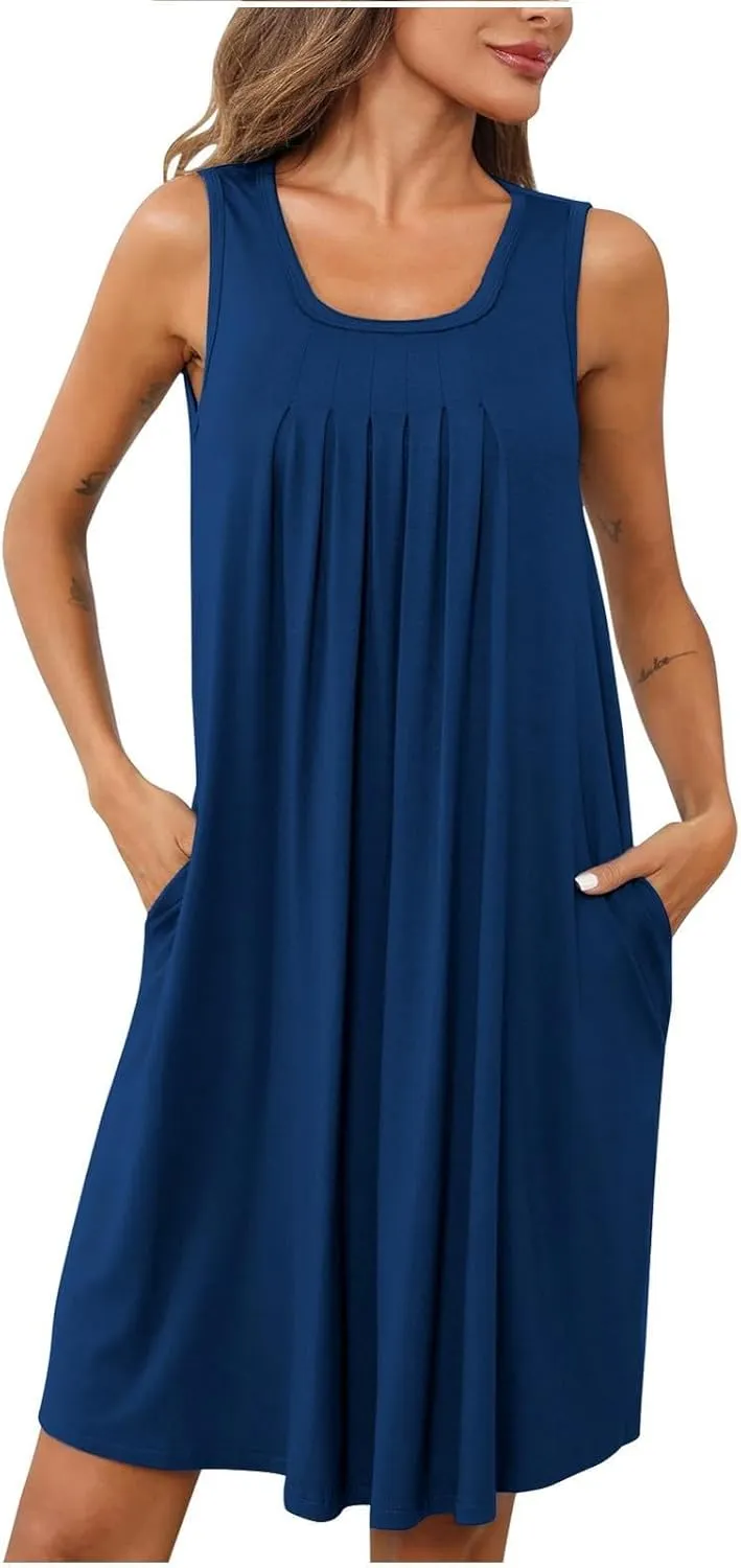 Summer Dresses for Women 2025 Loose Beach Vacation Casual Crew Neck Sleeveless Sundresses with Pockets Tank Dress
