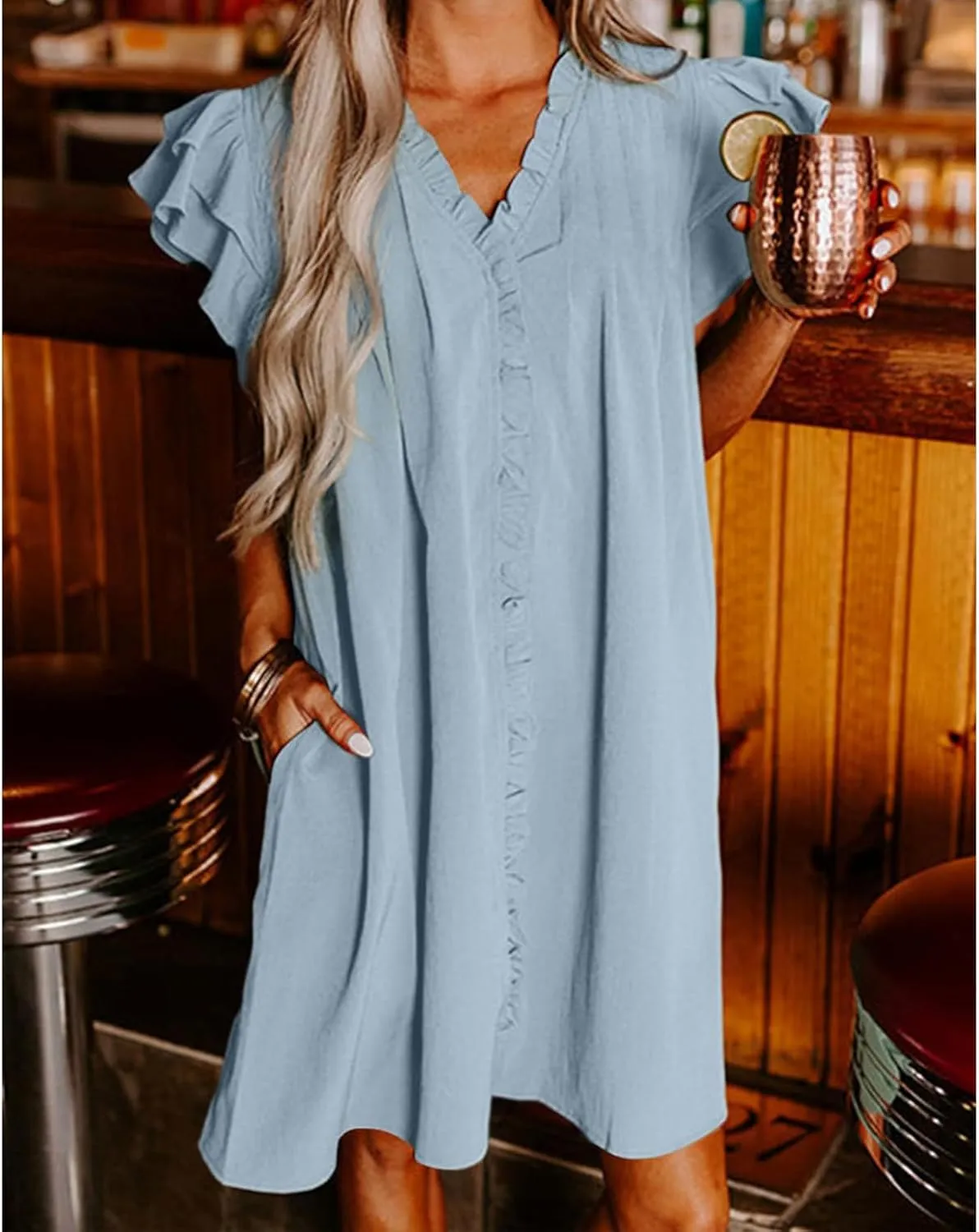 Summer Dresses for Women 2025 V Neck Ruffle Cap Sleeve Mini Fashion Loose Fit Dress Casual Beach Vacation Dress