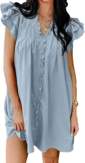 Summer Dresses for Women 2025 V Neck Ruffle Cap Sleeve Mini Fashion Loose Fit Dress Casual Beach Vacation Dress