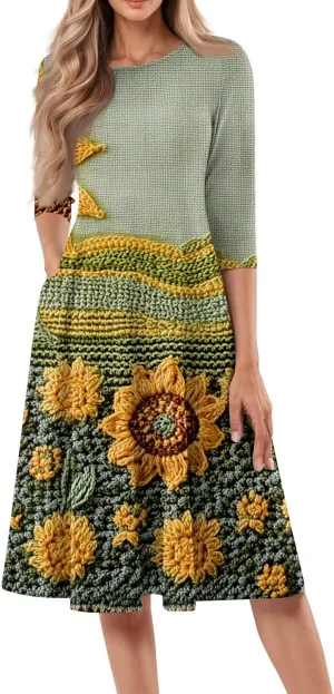 Summer Dresses for Women Aline Flowy Tshirt Dress Casual Floral 3/4 Sleeve Dress Beach Midi Dresses with Pockets