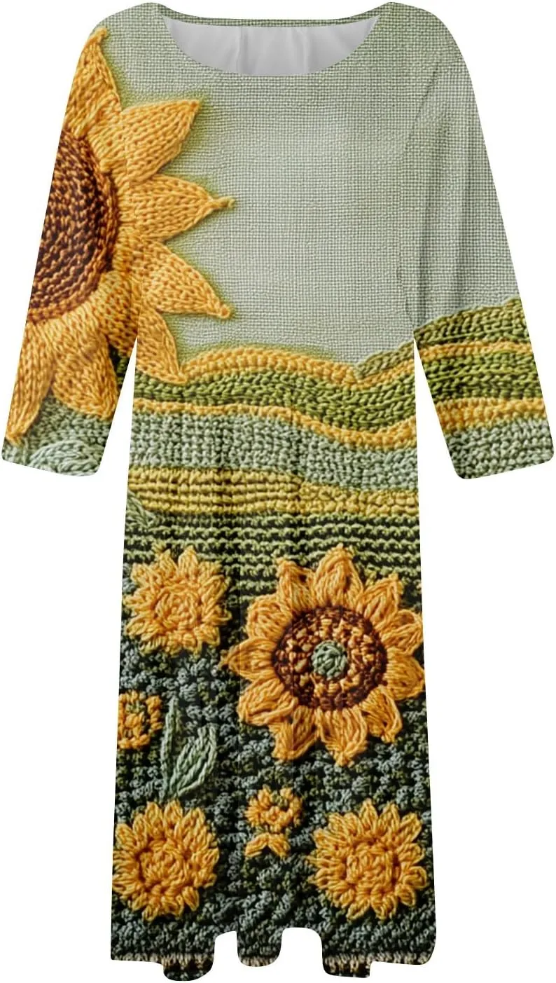 Summer Dresses for Women Aline Flowy Tshirt Dress Casual Floral 3/4 Sleeve Dress Beach Midi Dresses with Pockets