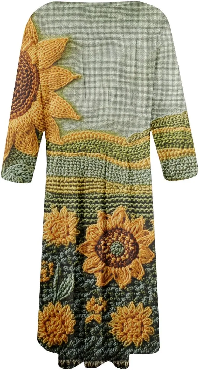 Summer Dresses for Women Aline Flowy Tshirt Dress Casual Floral 3/4 Sleeve Dress Beach Midi Dresses with Pockets