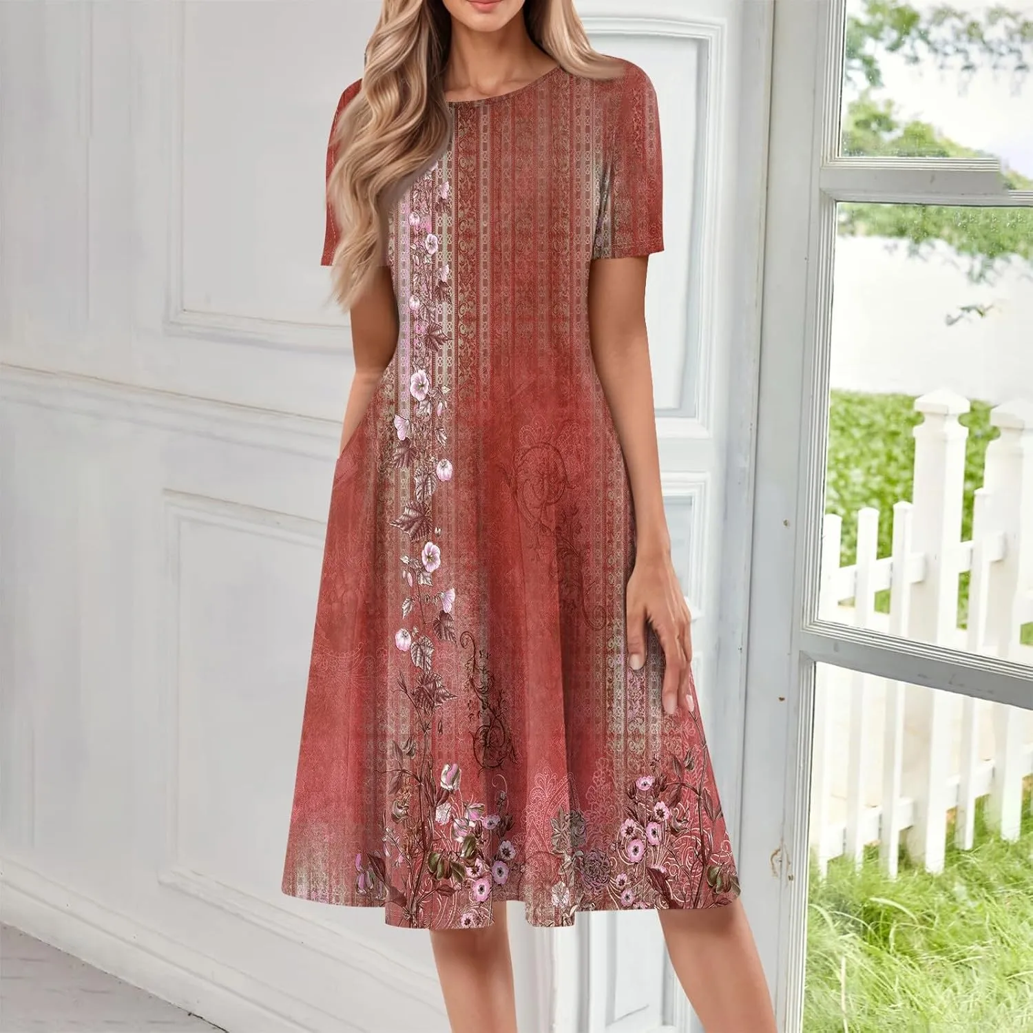 Summer Dresses for Women Beach Aline Midi Dresses Casual Flowy Tshirt Dress Floral Short Sleeve Dress with Pockets
