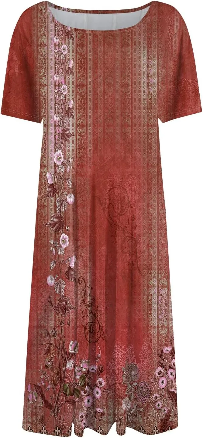 Summer Dresses for Women Beach Aline Midi Dresses Casual Flowy Tshirt Dress Floral Short Sleeve Dress with Pockets