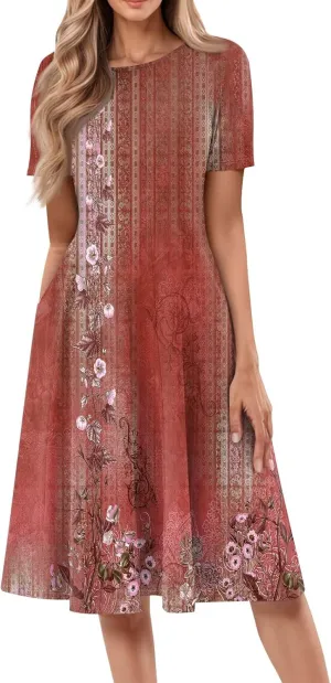 Summer Dresses for Women Beach Aline Midi Dresses Casual Flowy Tshirt Dress Floral Short Sleeve Dress with Pockets