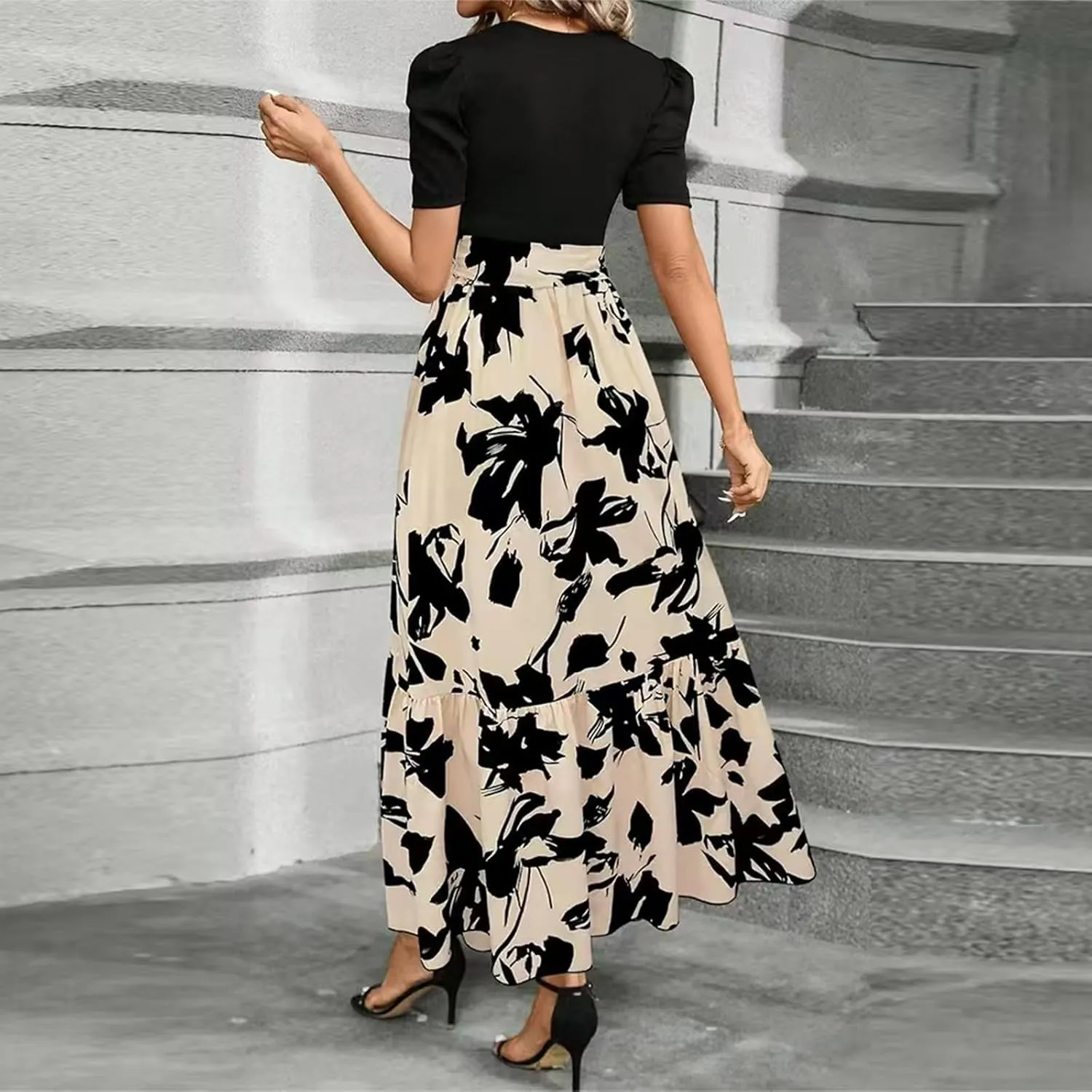 Summer Dresses for Women Puff Sleeve Flowy Floral Dress Casual Maxi Dress with Belt Elegant Sundress Long Dresses