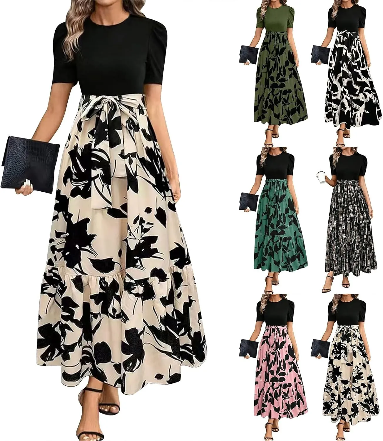 Summer Dresses for Women Puff Sleeve Flowy Floral Dress Casual Maxi Dress with Belt Elegant Sundress Long Dresses