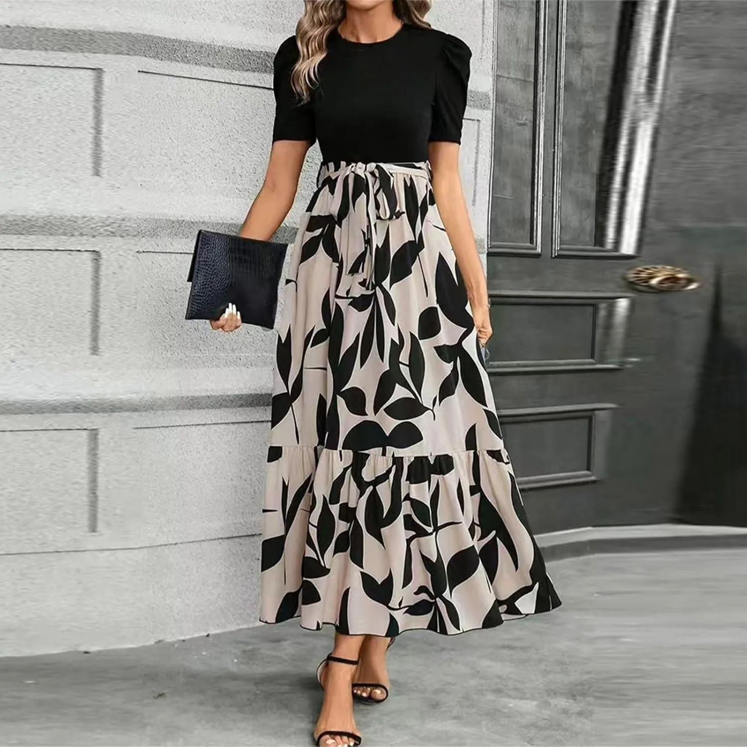 Summer Dresses for Women Puff Sleeve Flowy Floral Dress Casual Maxi Dress with Belt Elegant Sundress Long Dresses