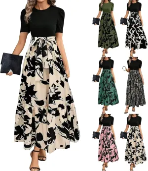 Summer Dresses for Women Puff Sleeve Flowy Floral Dress Casual Maxi Dress with Belt Elegant Sundress Long Dresses