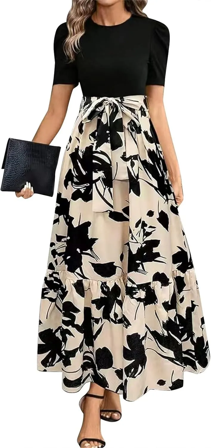 Summer Dresses for Women Puff Sleeve Flowy Floral Dress Casual Maxi Dress with Belt Elegant Sundress Long Dresses