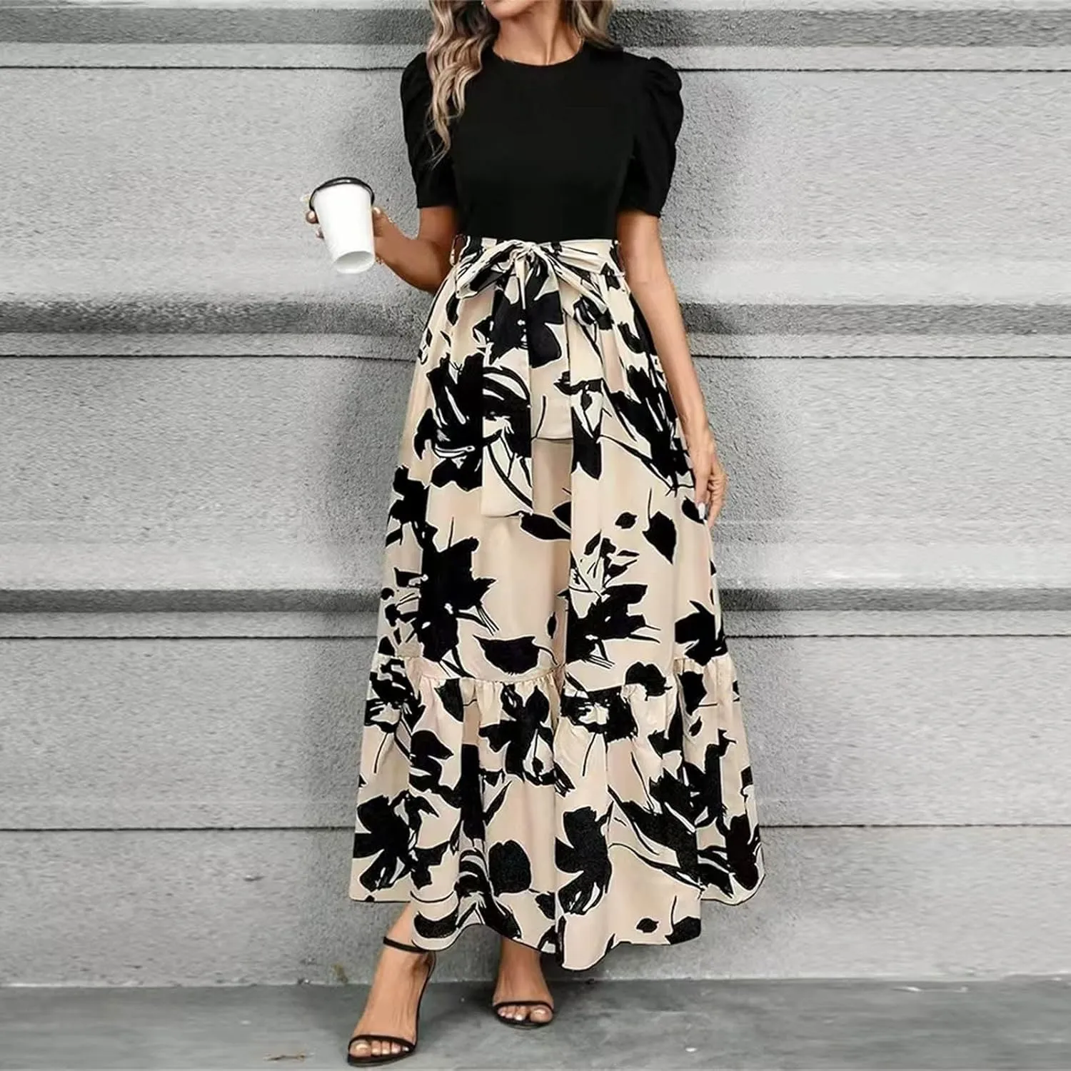Summer Dresses for Women Puff Sleeve Flowy Floral Dress Casual Maxi Dress with Belt Elegant Sundress Long Dresses