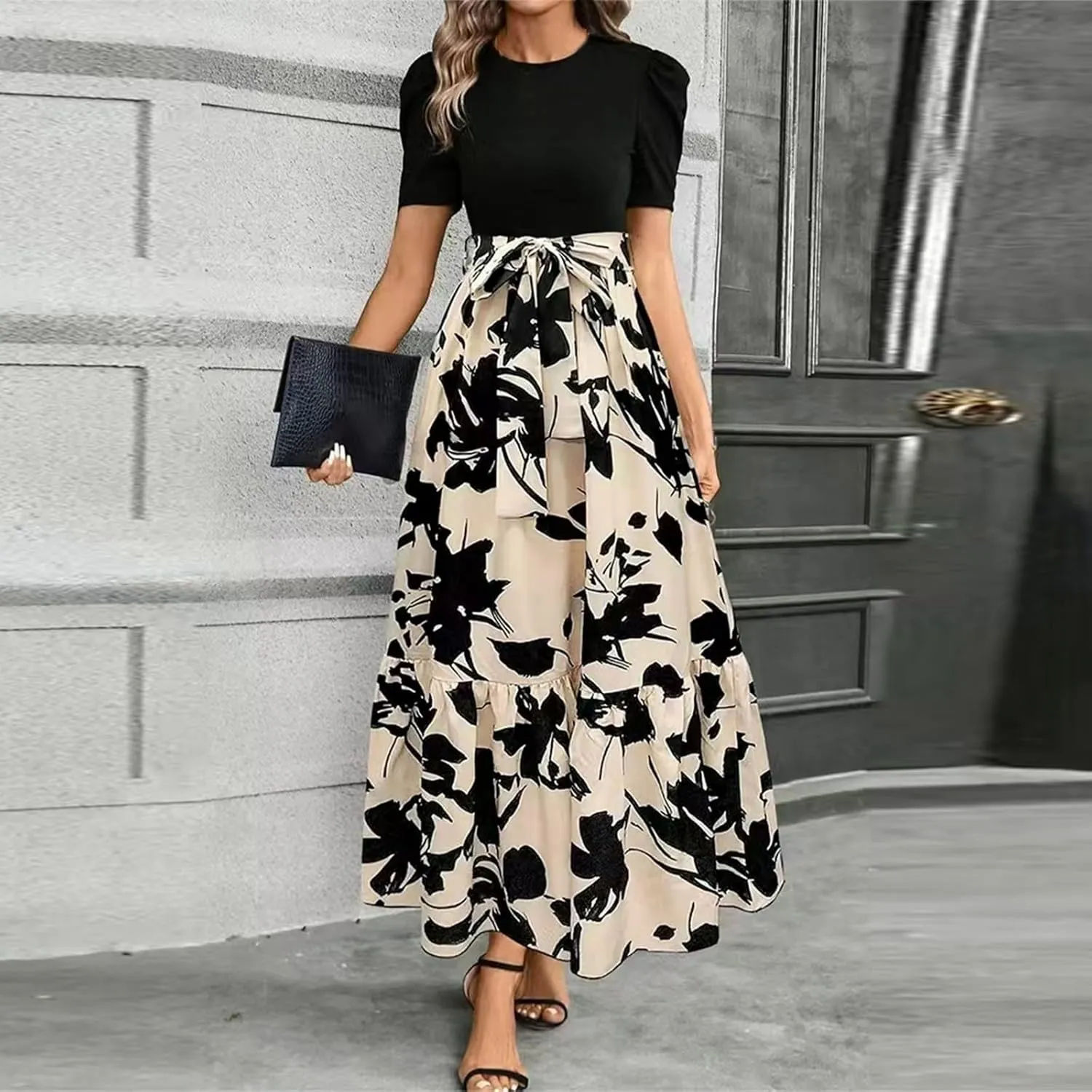 Summer Dresses for Women Puff Sleeve Flowy Floral Dress Casual Maxi Dress with Belt Elegant Sundress Long Dresses