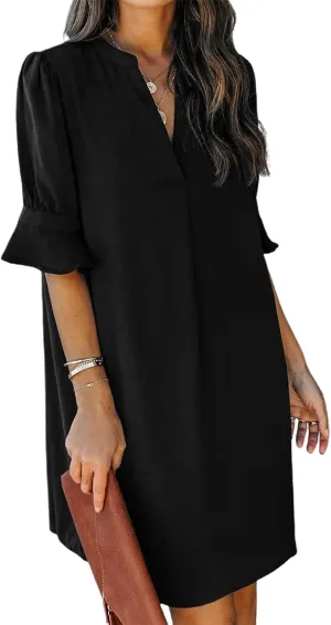 Summer Dresses for Women V Neck Ruffle Short Sleeve Casual Shift Mini Dress Loose Fashion Solid Color Dresses