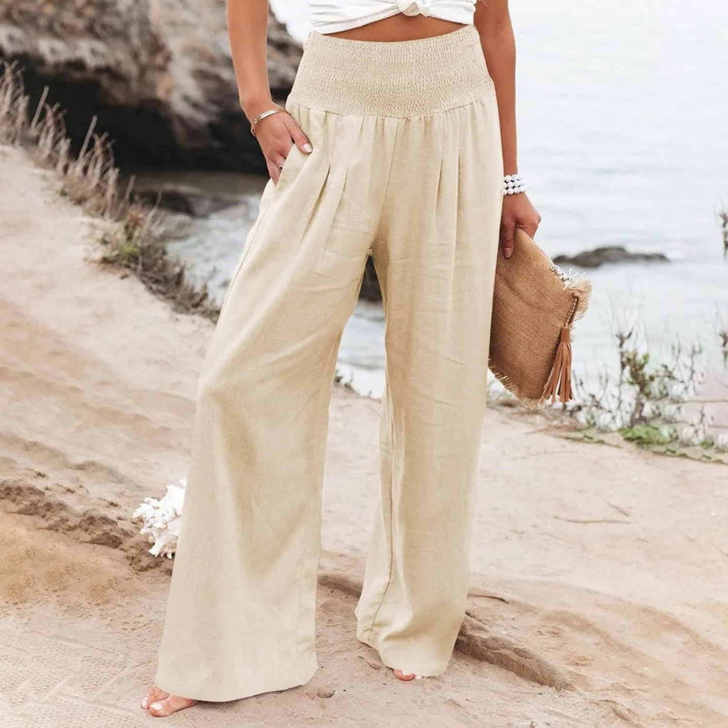 Summer Linen Pants for Women Lounge Lightweight Drawstring Loose Casual Linen Outfits Women