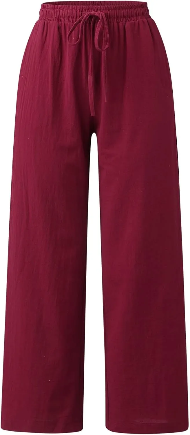 Summer Pants for Women Casual Drawstring Elastic High Waist Linen Pants Straight Wide Leg Cropped Trousers Plus Size