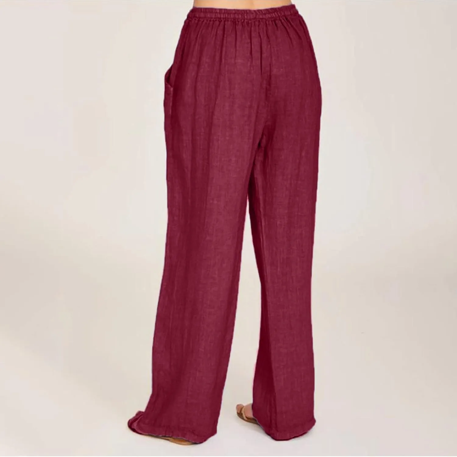 Summer Pants for Women Casual Drawstring Elastic High Waist Linen Pants Straight Wide Leg Cropped Trousers Plus Size