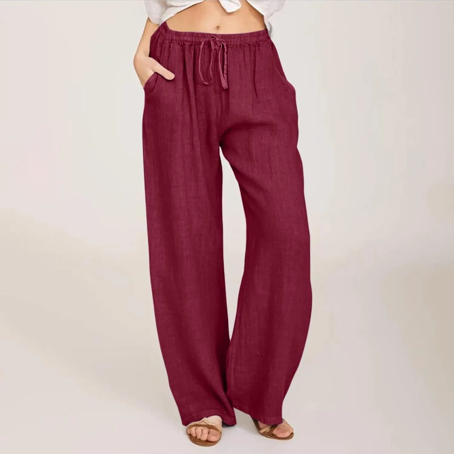 Summer Pants for Women Casual Drawstring Elastic High Waist Linen Pants Straight Wide Leg Cropped Trousers Plus Size