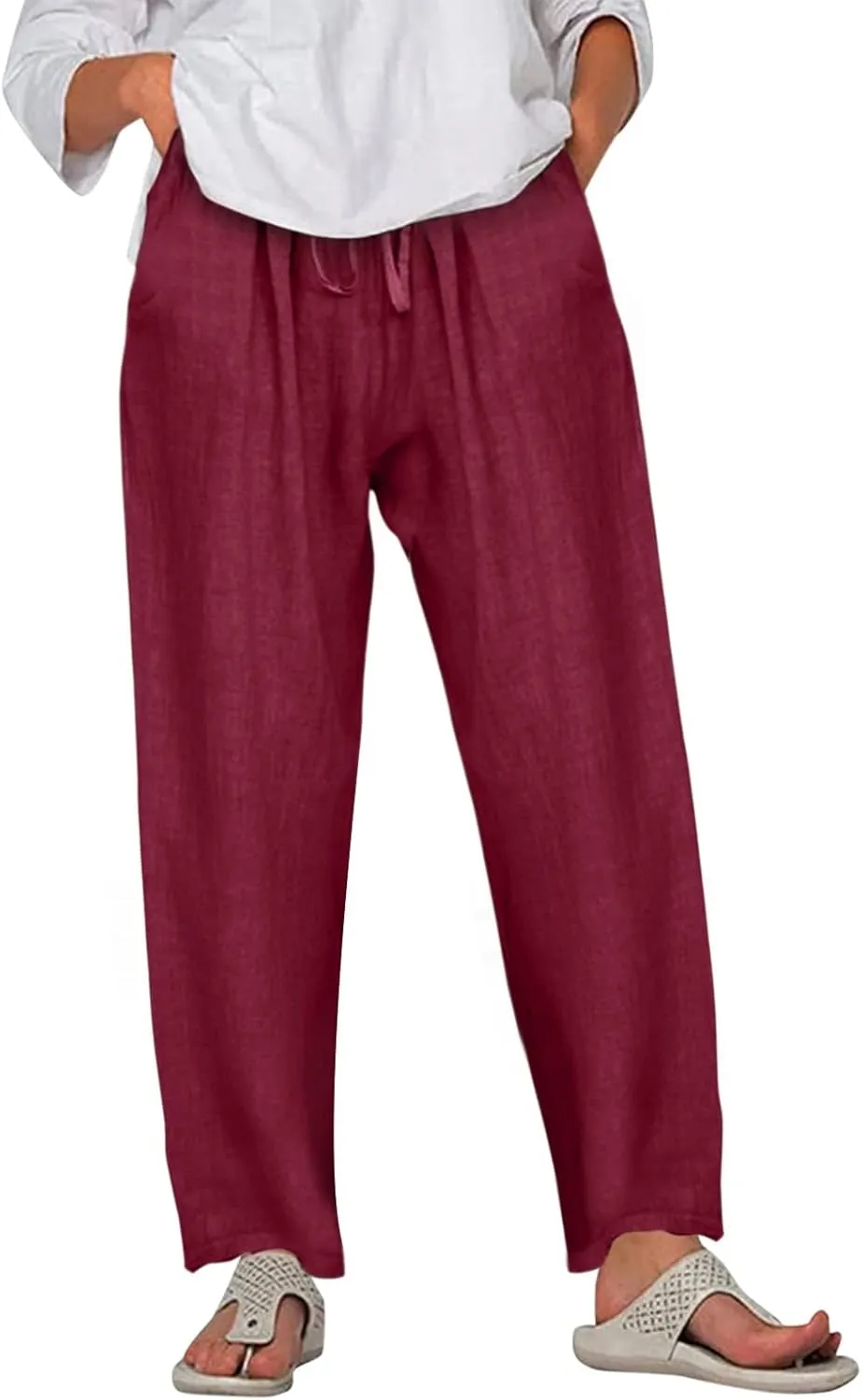 Summer Pants for Women Casual Drawstring Elastic High Waist Linen Pants Straight Wide Leg Cropped Trousers Plus Size