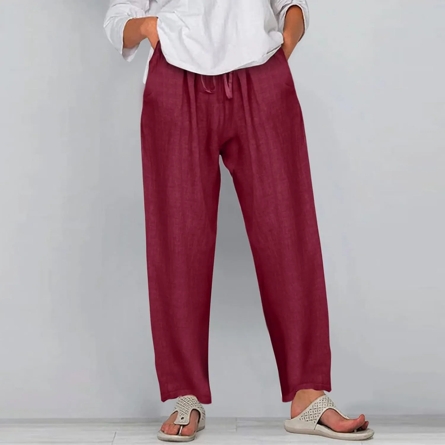 Summer Pants for Women Casual Drawstring Elastic High Waist Linen Pants Straight Wide Leg Cropped Trousers Plus Size