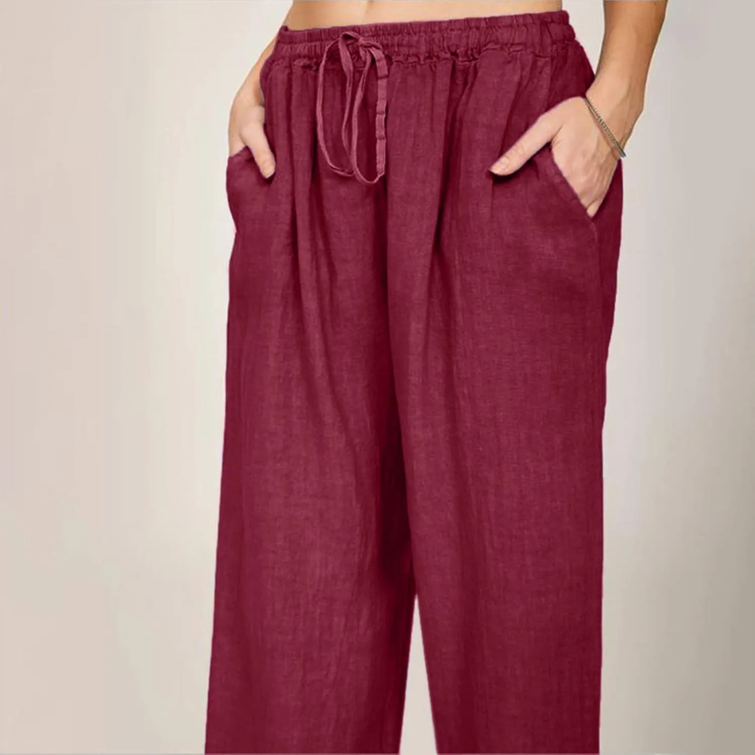 Summer Pants for Women Casual Drawstring Elastic High Waist Linen Pants Straight Wide Leg Cropped Trousers Plus Size