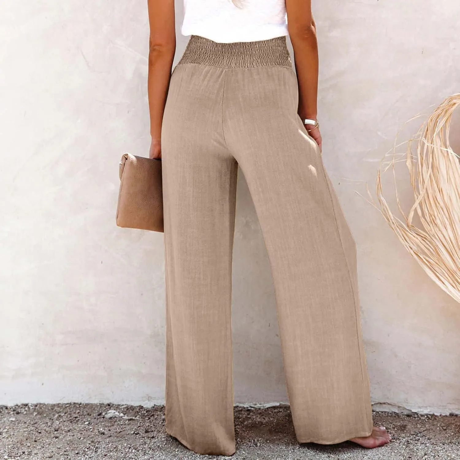 Summer Pants for Women Cotton Linen Button Down Wed Leg Pants High Waisted Lounge Trousers Soft Trendy Pants