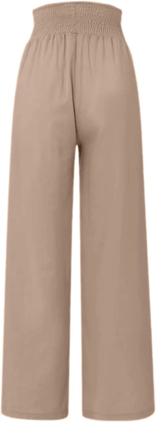 Summer Pants for Women Cotton Linen Button Down Wed Leg Pants High Waisted Lounge Trousers Soft Trendy Pants