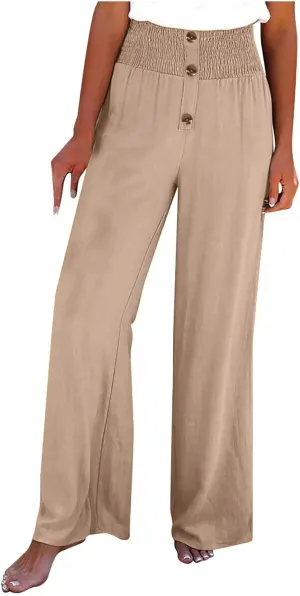 Summer Pants for Women Cotton Linen Button Down Wed Leg Pants High Waisted Lounge Trousers Soft Trendy Pants