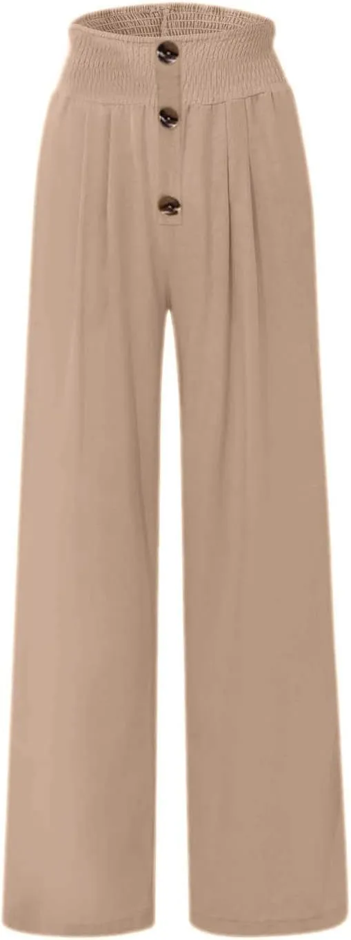 Summer Pants for Women Cotton Linen Button Down Wed Leg Pants High Waisted Lounge Trousers Soft Trendy Pants