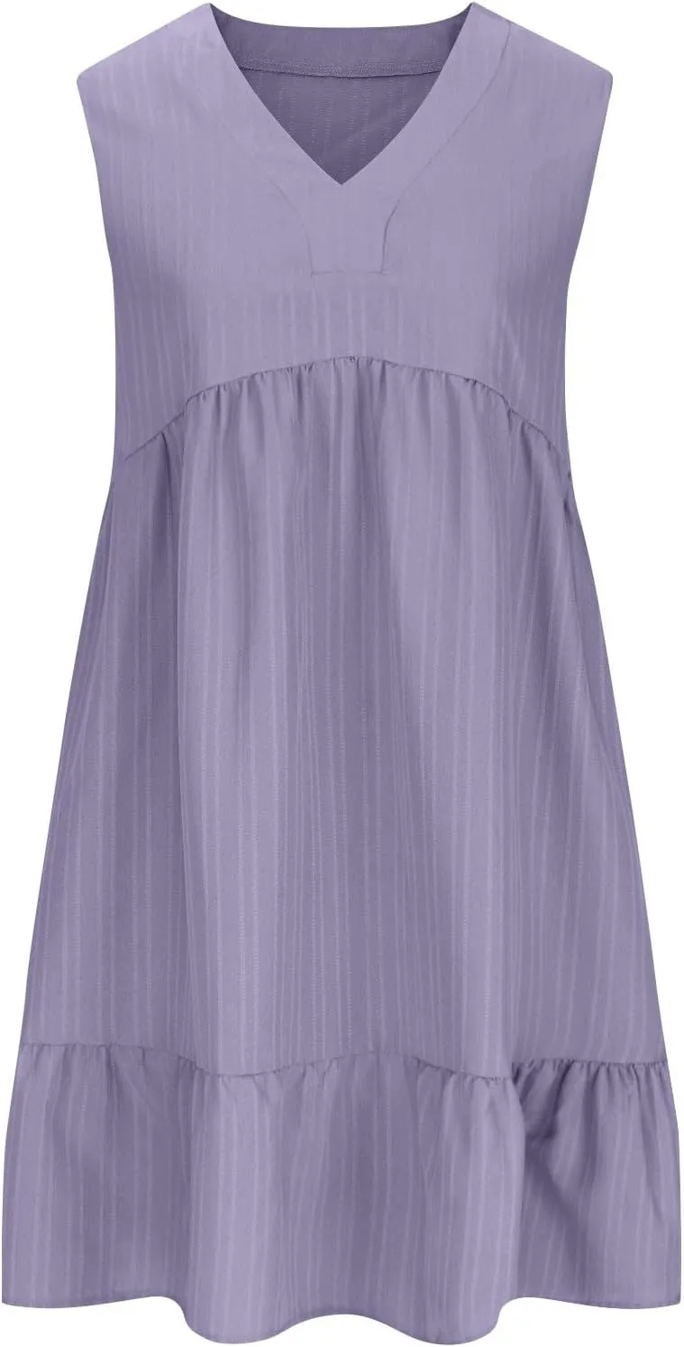 Summer Sleeveless Babydoll Sundress Women Ruffle Hem Casual Wrinkles Tank Dresss Cute V Neck Sleeveless Mini Dresses