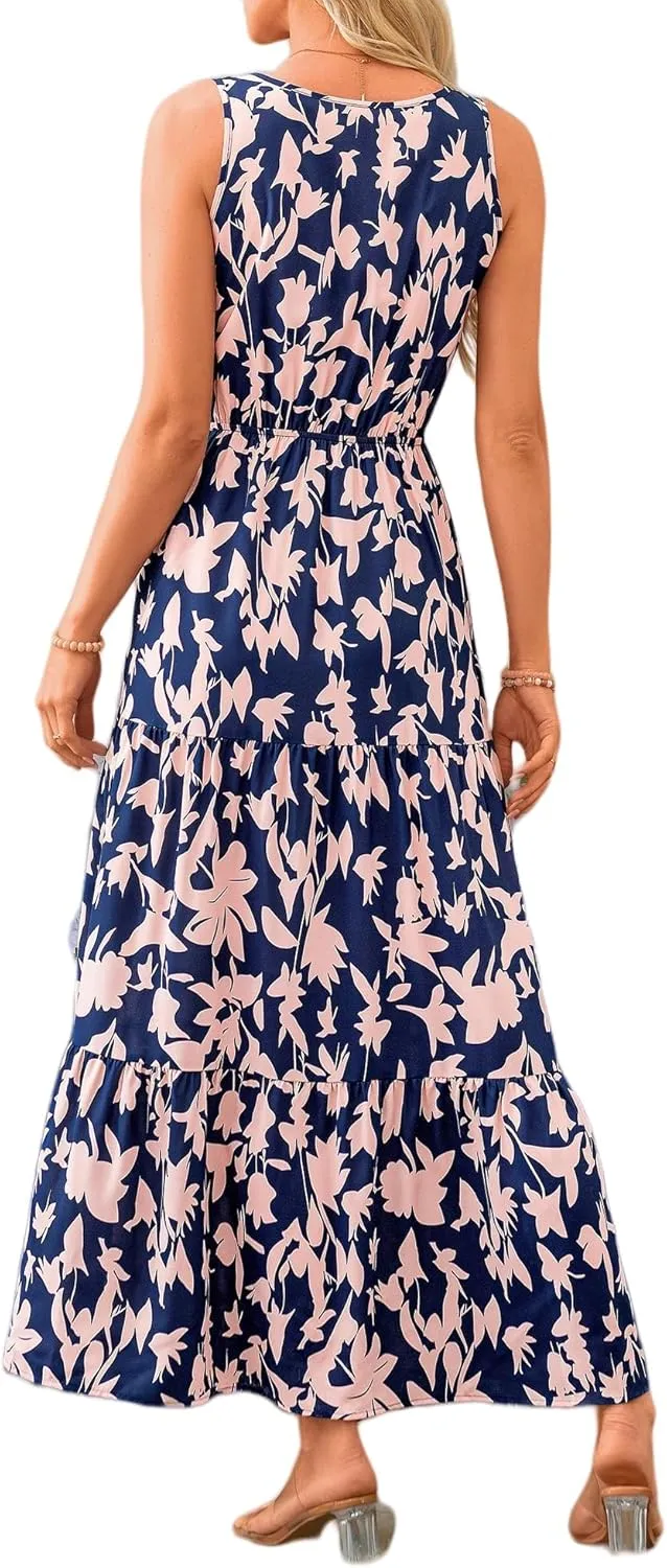 Summer Womens Dresses Sleeveless V Neck Elastic Waist Maxi Dress Floral Ruffle Swing Sundress Wedding Guest Dresses