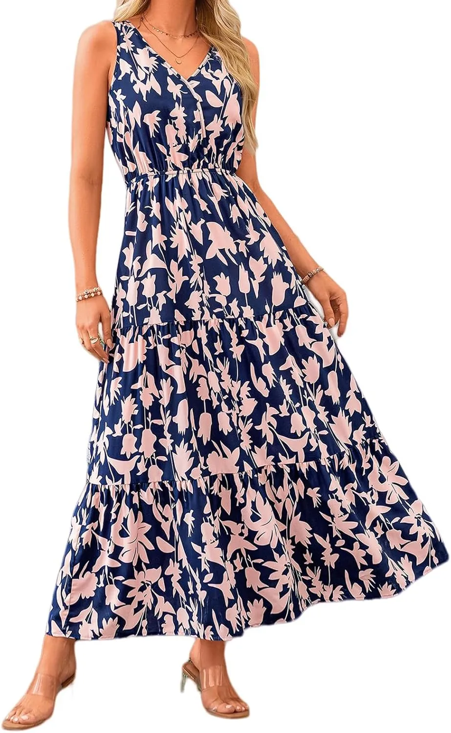 Summer Womens Dresses Sleeveless V Neck Elastic Waist Maxi Dress Floral Ruffle Swing Sundress Wedding Guest Dresses